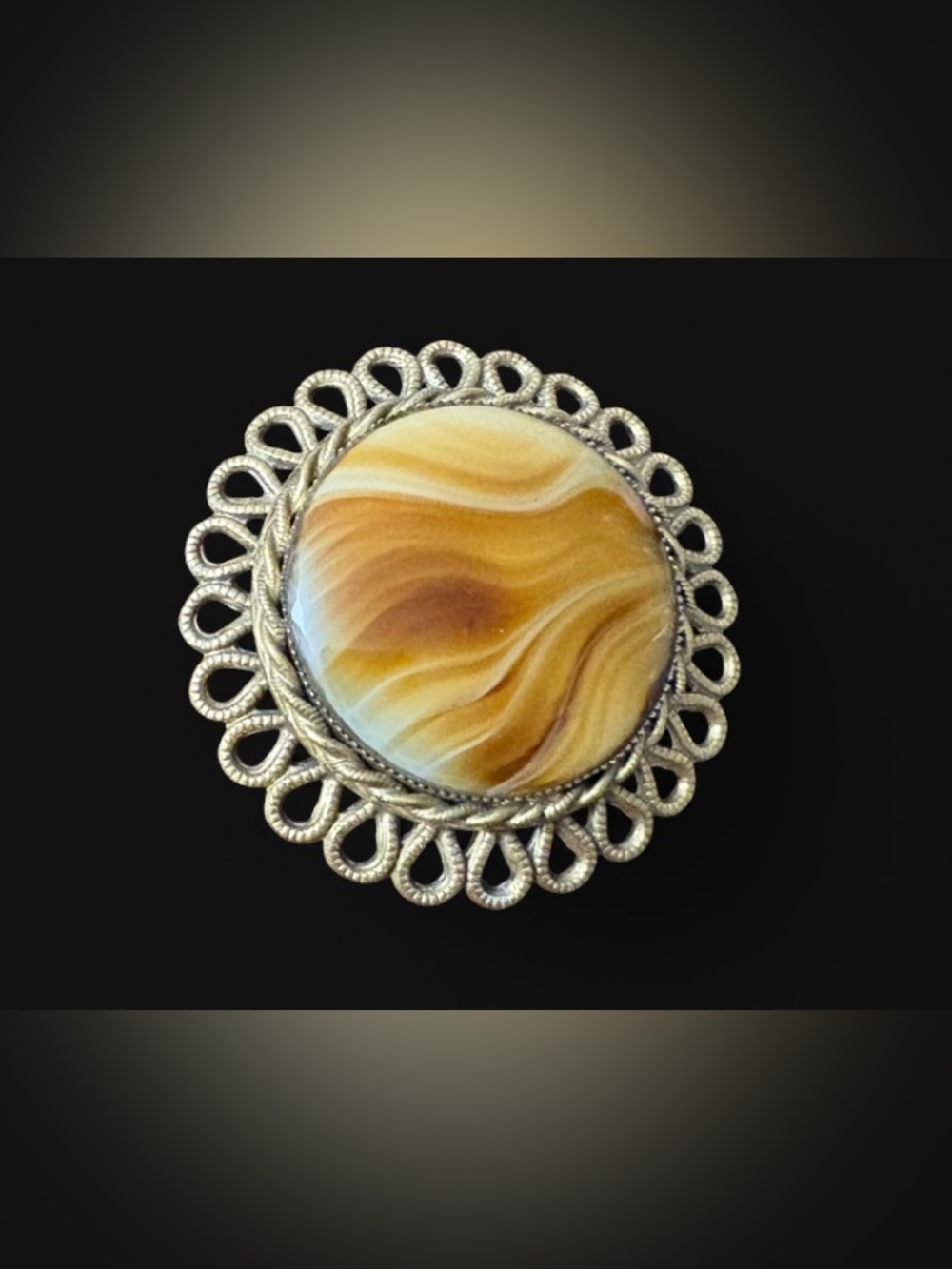 VTG Signed Original by Robert Faux Banded Agate Victorian Revival Brooch Pin